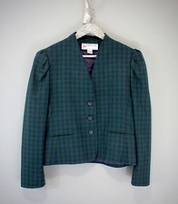 Vintage New Navy Windowpane Plaid Wool Jacket Gathered Sleeves 11, 12 Medium Cfc