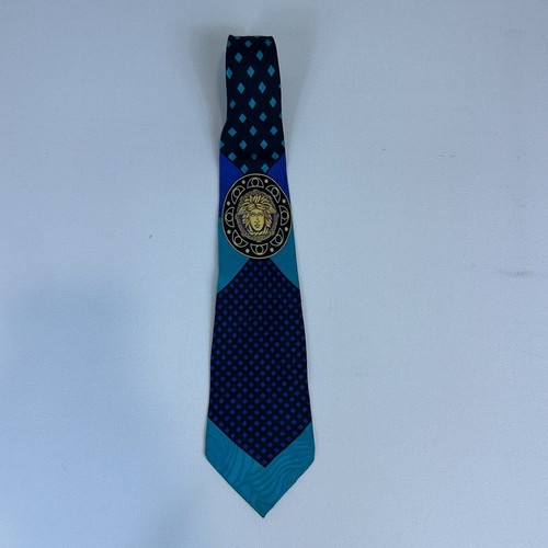 Gianni Versace Vintage 90’s Baroque Medusa Geometric Plaid Blue Silk Men’s Tie - Bild 1 von 8