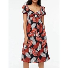 J.Crew Floral Leaf Puff-Sleeve Midi Dress in Black & Red