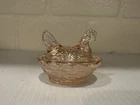 Degenhart Miniature  Pink Iridescent Carnival  Glass Hen on Nest 2.25 Inch