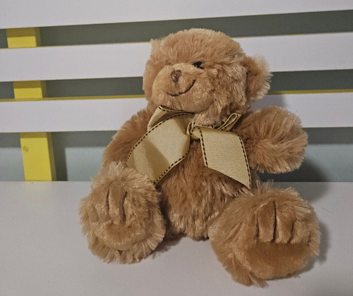 TEDDY BEAR TEDDY TIME BROWN WITH GOLD BOW 18CM