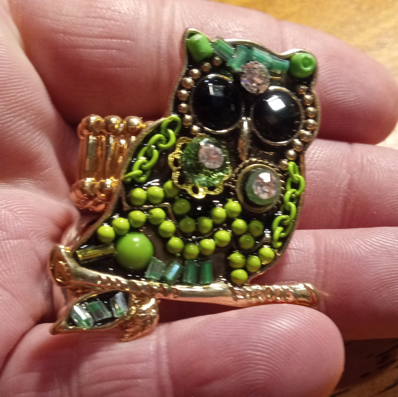 Green Owl Adjustable Statement Ring Gold Tone Rhi… - image 11