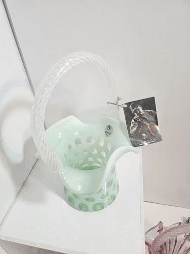 STUNNING VINTAGE  FENTON OPALESCENT GREEN COIN DOT BASKET With Tags