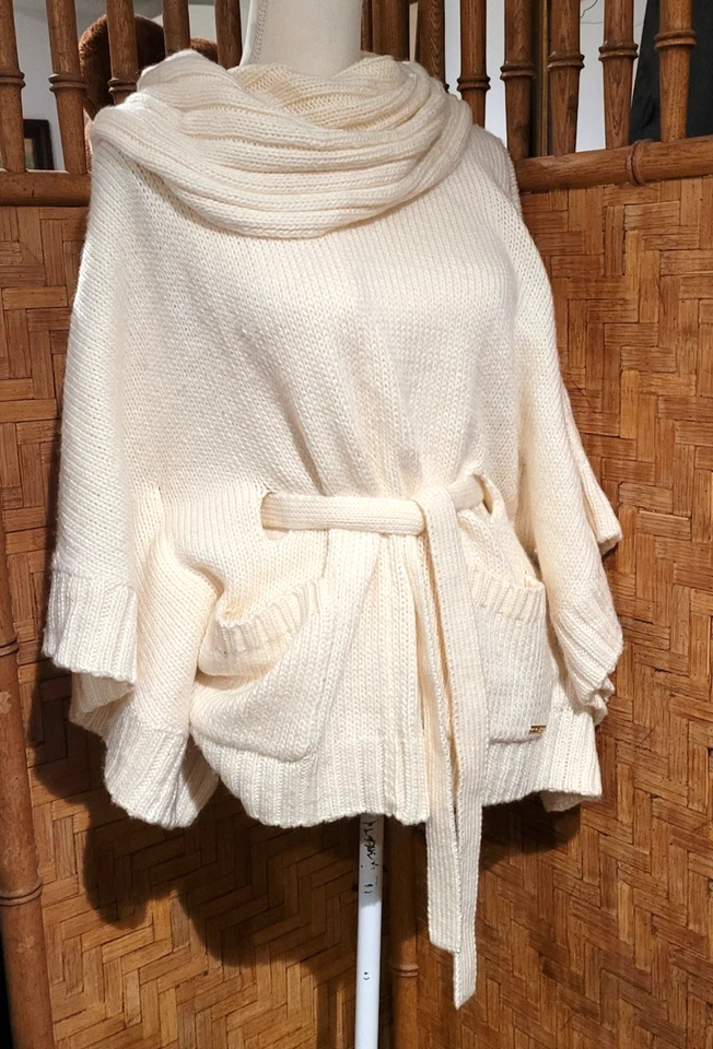 Michael Kors Mujeres Crema Capucha Cuello Cinturón Tejido Capa Poncho Chaqueta Suéter Talla S/M Foto 4 de 4