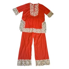 Vtg Silky Women  s Pajamas Shortsleeve Shirt  Long Pants Red  Off White NEW