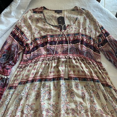 Artesia Dress Womens Large Cream Geometric Tassled Flowy Boho Cottage