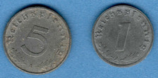 1943 Germany Third Reich. Two zinc coins: 1, 5 Reichspfennig SWASTIKA 432