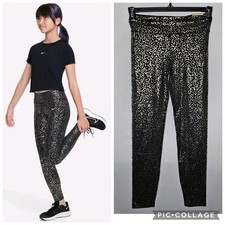New Girls Nike Dri FIT One Leggings Black Metallic Gold Tight Fit High Rise XL