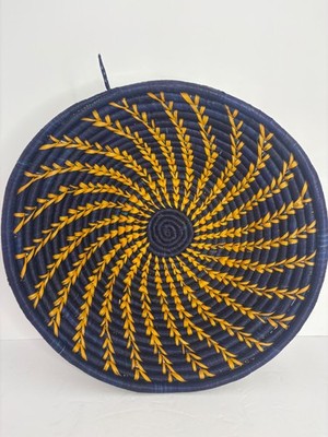 HAND WOVEN 12.5'' Diameter Blue Grass Coil Basket/Bowl/Wall Decor Gold accents