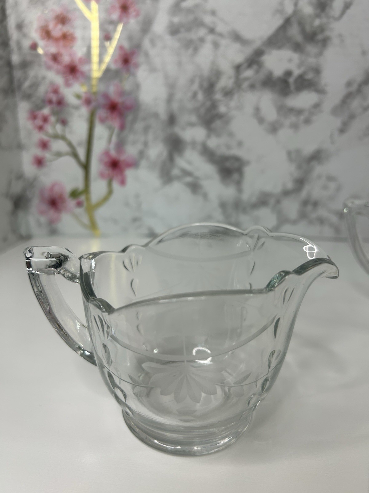 Vintage Glass Creamer & Open Sugar Set Etched Clear Floral Replacement Creamer