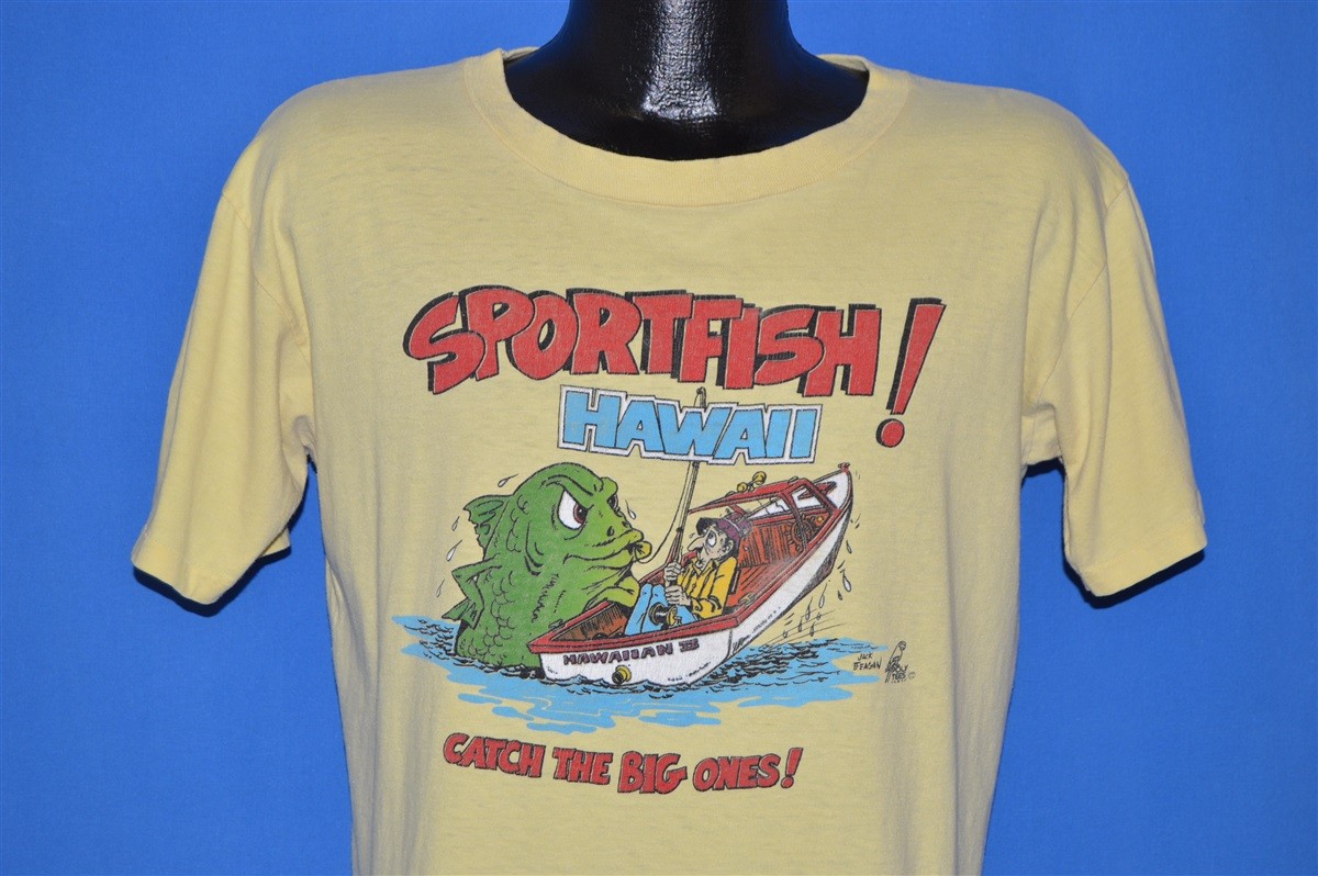 vtg 80s SPORTFISH HAWAII SUNSTROKES POLY TEES CATCH BIG ONE FISHING t-shirt L