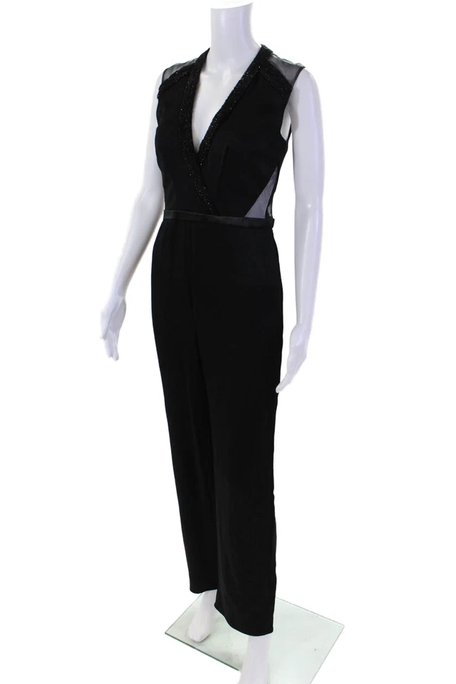 Pamella Roland  Women's V-Neck Sleeveless Beaded Straight Jumpsuit Black Size 4 - Image 2 of 4