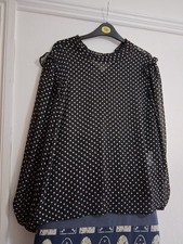 Primark Size 14 High Neck Top Ruffle Detail At Shoulders Navy White Polka Dot