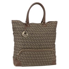 FENDI Zucchino Canvas Tote Bag Beige Gold Auth ep12032