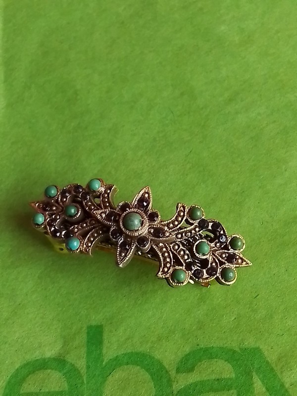 French Hair Clip (1), Mini Barette, Turquoise/Glass Beads, 1.5"L, Goldtone