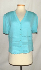 St John Short Sleeve Pointelle Knit Button Front Cardigan Sweater Aqua Blue 16