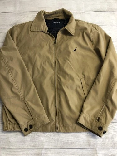 Nautica Jacket Mens Medium Khaki Bomber Zip Front Plaid Lined Logo - product listing photo