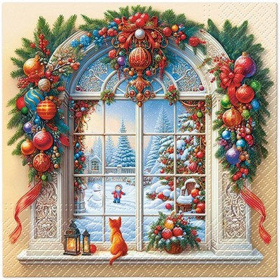 20 Servietten Holiday Arch Decor Dekoriertes Weihnachtsfenster Kugeln 33x33cm