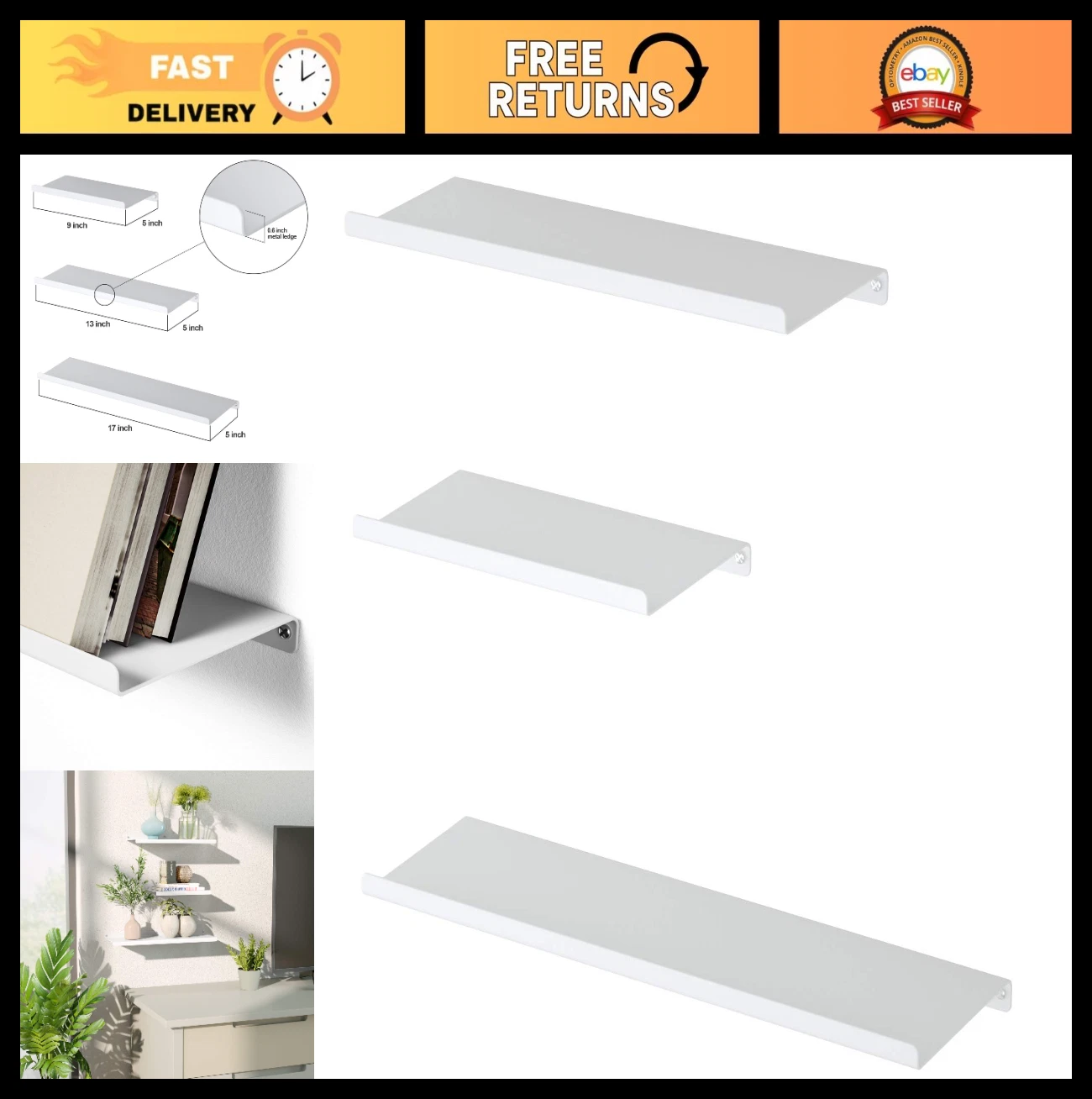 Set of 3 White Metal Floating Wall Shelves - Modern Home Storage for Bedroom, Li