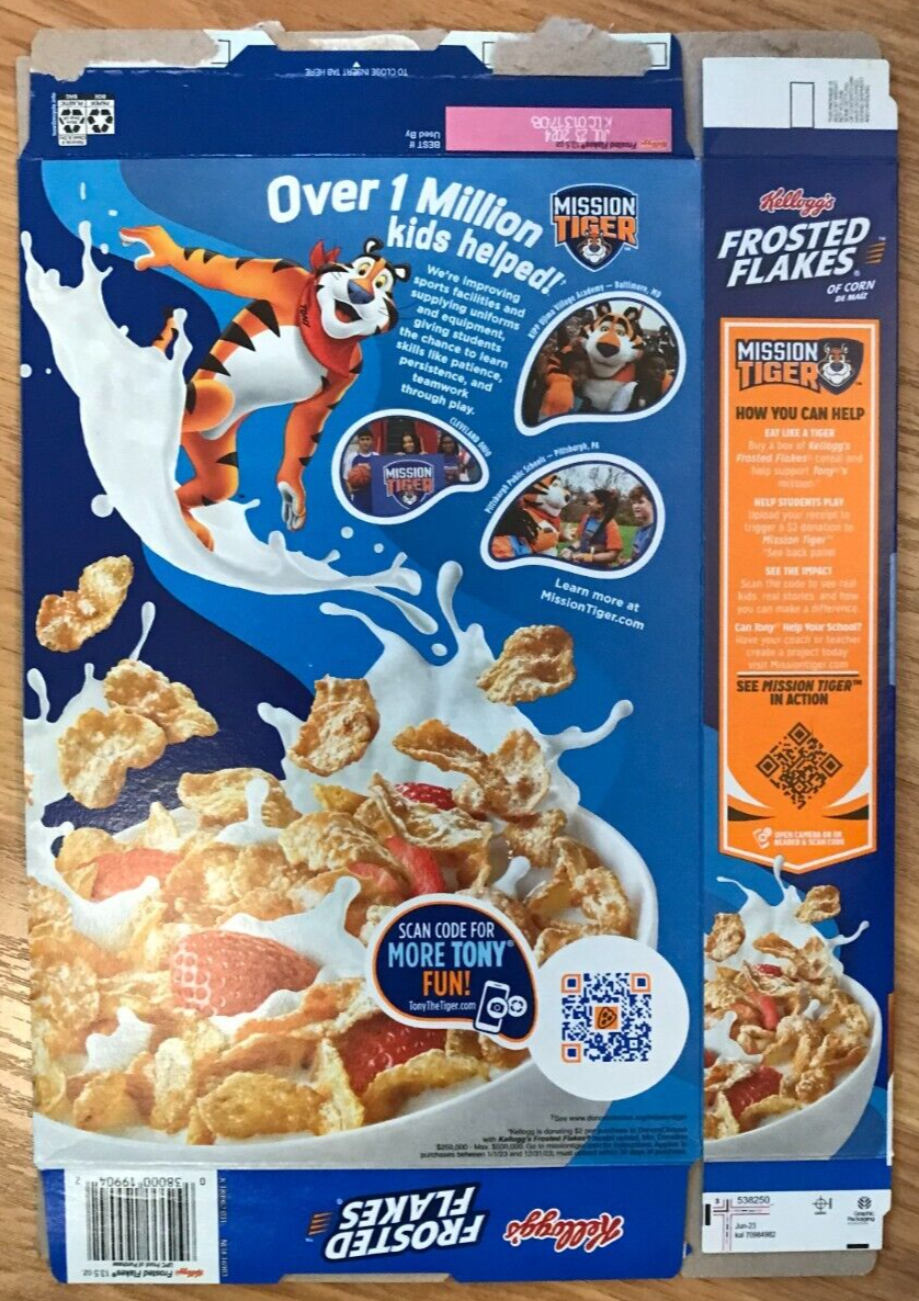 EMPTY Kellogg's Frosted Flakes Mission Tiger Cereal Box Tony The
