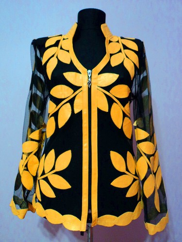 V Neck Yellow Zip Soft Genuine Leather Leaf Jacket Womens All Colors Sizes D10