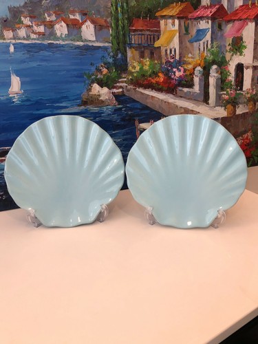 2 KIC Brushes Hand Painted Blue Sea Life Ocean Waves Embossed Salad Plates EUC