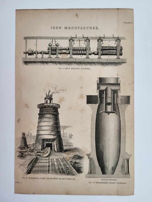 Antique Print Dated 1877 Iron Manufacture Rolling Machine Blast Furnace