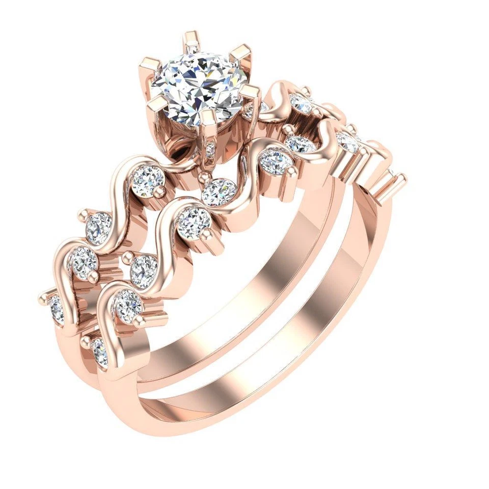 Lab Grown Round Diamond VS F 1.00 Ct Engagement Bridal Ring Set 10K Solid Gold - Image 3 of 4