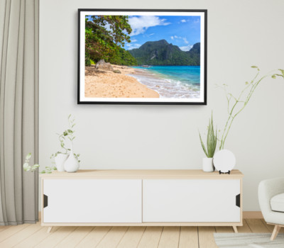 Mountain Print, Sea Shore Wall Art, Cloudy Sky Framed Beach Wall Art, Coastal