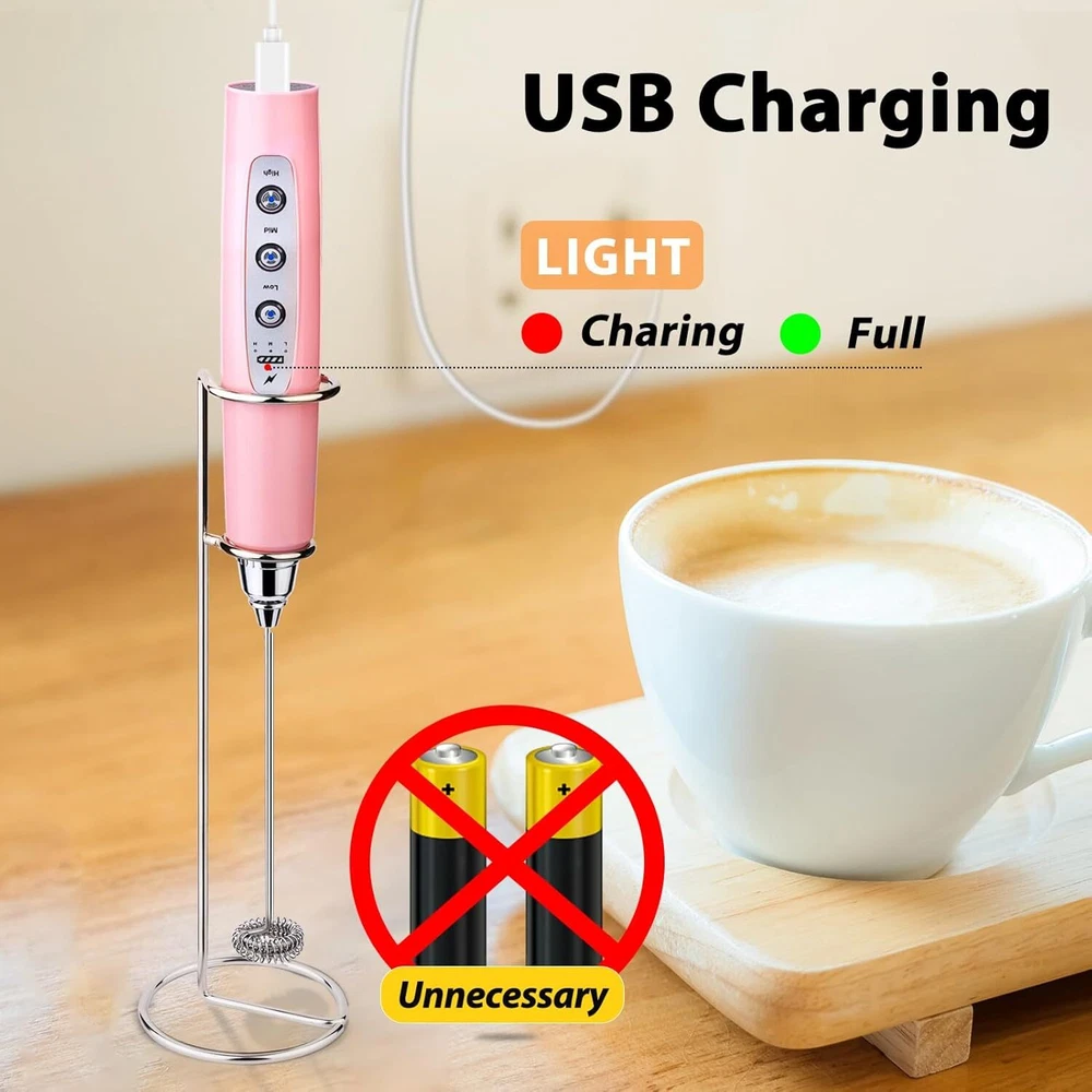 Milk Frother with Stand Rechargeable- Handheld Coffee 3 Pink