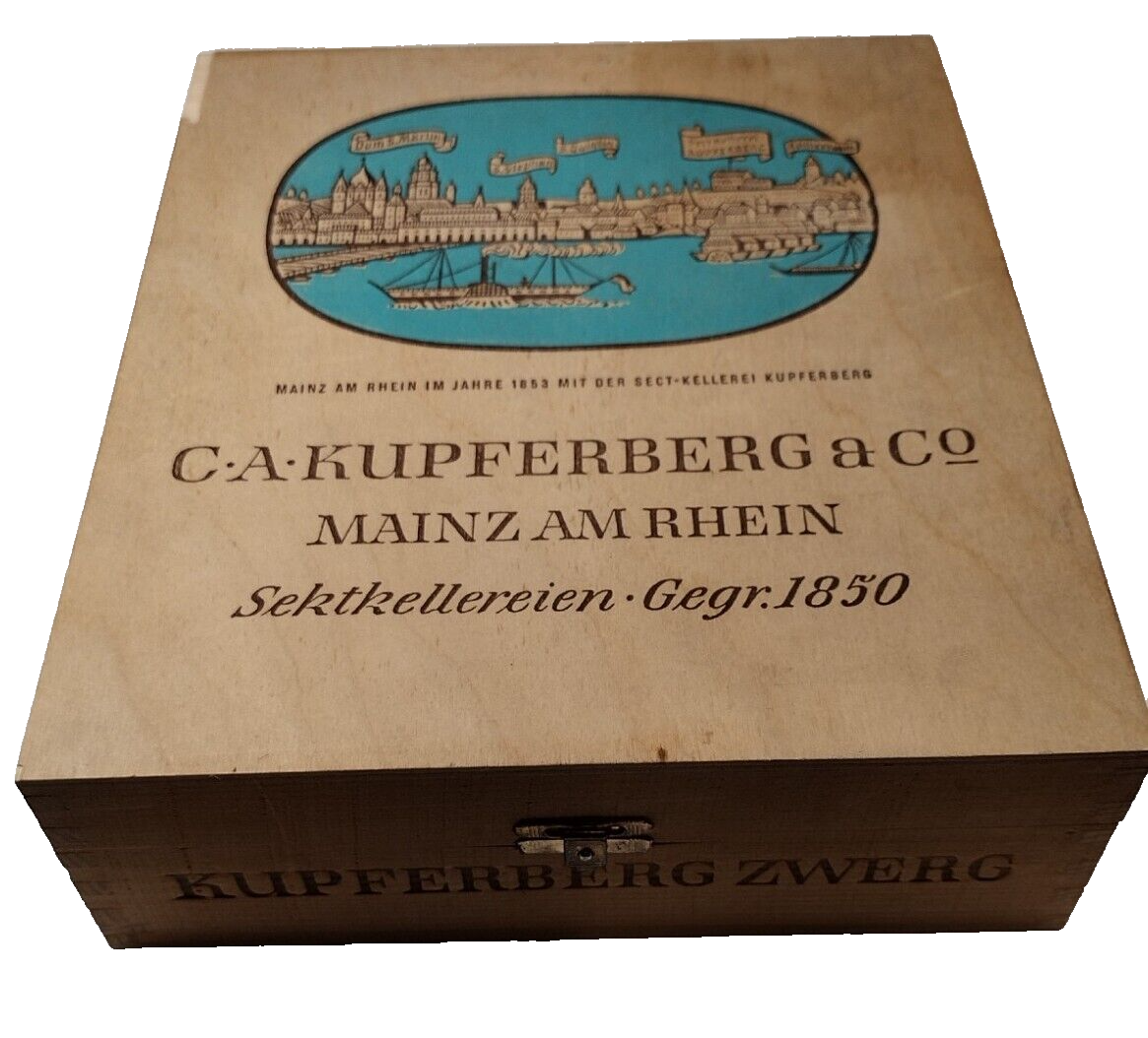 VTG German Wood Wine Box KUPFERBERG Champagne Dovetail Hinged Lid