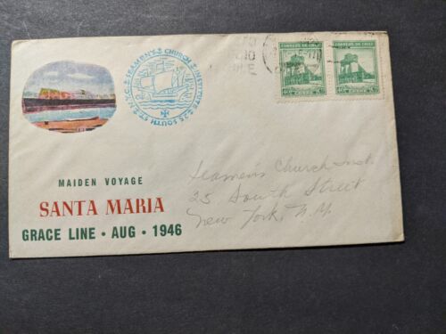 SS SANTA MARIA, Grace Line Naval Cover 1946 MAIDEN VOYAGE Cachet CHILE - Afbeelding 1 van 2