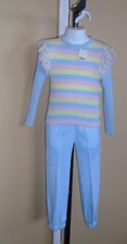 Girl's VTG 1970s 2 pc Knit Suit Pants  Sweater Blue w/ Pink  Yellow Sz 6 NWT