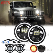 Brightest Halo 7" LED Headlights 4" Fog Lights Turning for Jeep Wrangler 07+ JK