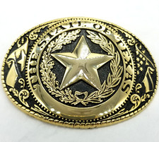 Cowboy Belt Buckle State Of Texas Seal Lone Star Flags Gold Black Made USA