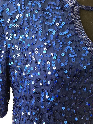 Vintage '80s Joseph Le Bon Royal Blue Sequined & Beaded Tunic Top Cutout L/XL - Picture 6 of 12