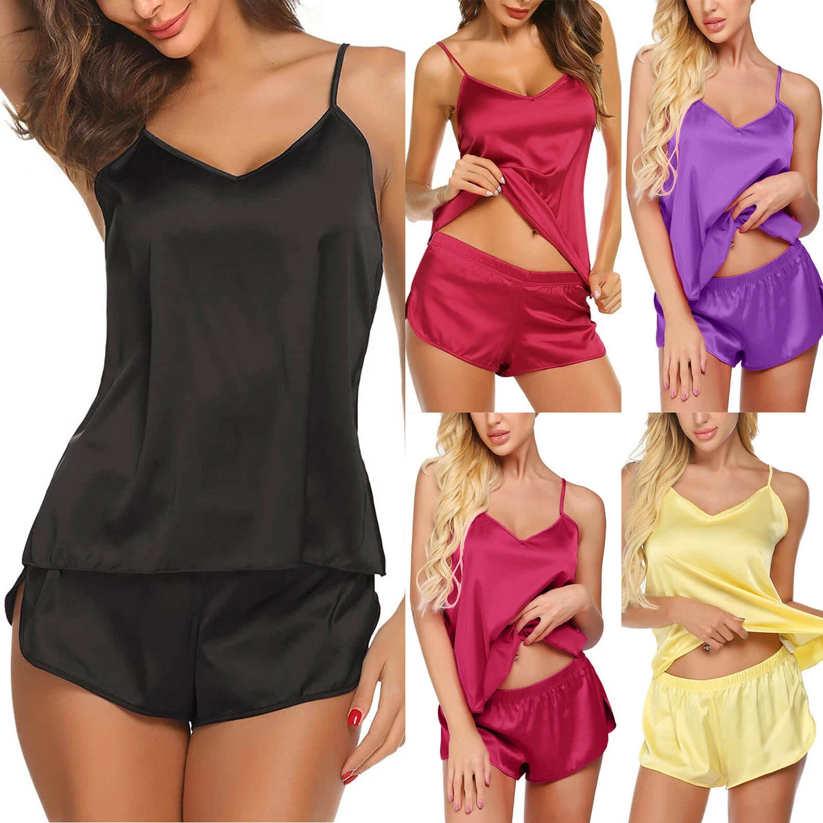 Women Satin Silk Cami Vest Shorts Lingerie Pyjamas Set Pj Sleepwear  Nightwear UK