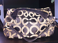 Coach Signature Logo Satchel Top Handle Bag Black/Gray Zip Purple Lining