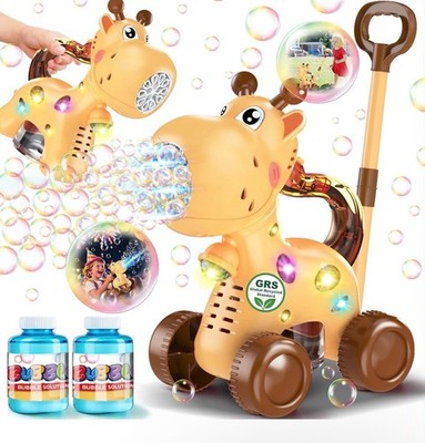 Kids Push-Along Bubble Machine Toy w/ LED Lights, USB-C, 2 Bubble Solutions