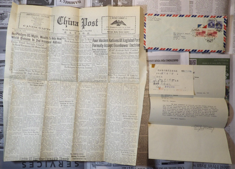 1957 China Post Letter signed Nancy Yu-Huang - Taiwan + Clipping Ephemera
