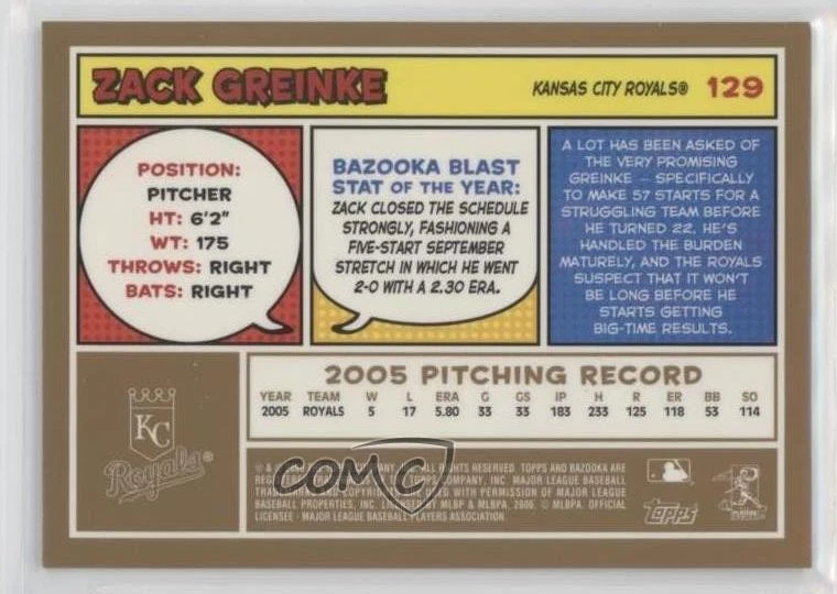 2006 Topps Bazooka Gold Chunks Zack Greinke #129 - Image 2 of 2