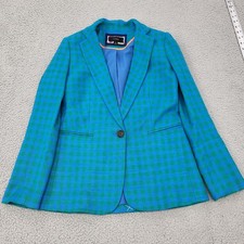 J.CREW Blazer Womens 0 Blue Check Viscose Blend Button Long Sleeve