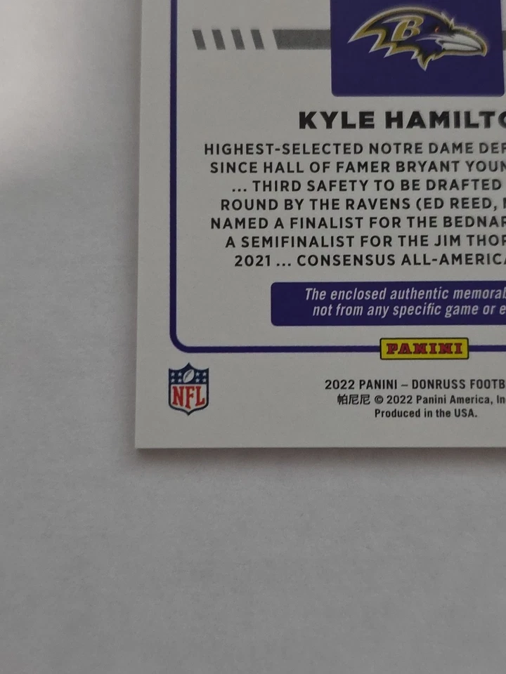 2022 Panini Donruss - Rookie Phenom Jerseys Kyle Hamilton #RPJ-37 (MEM, RC) - Image 4 of 4