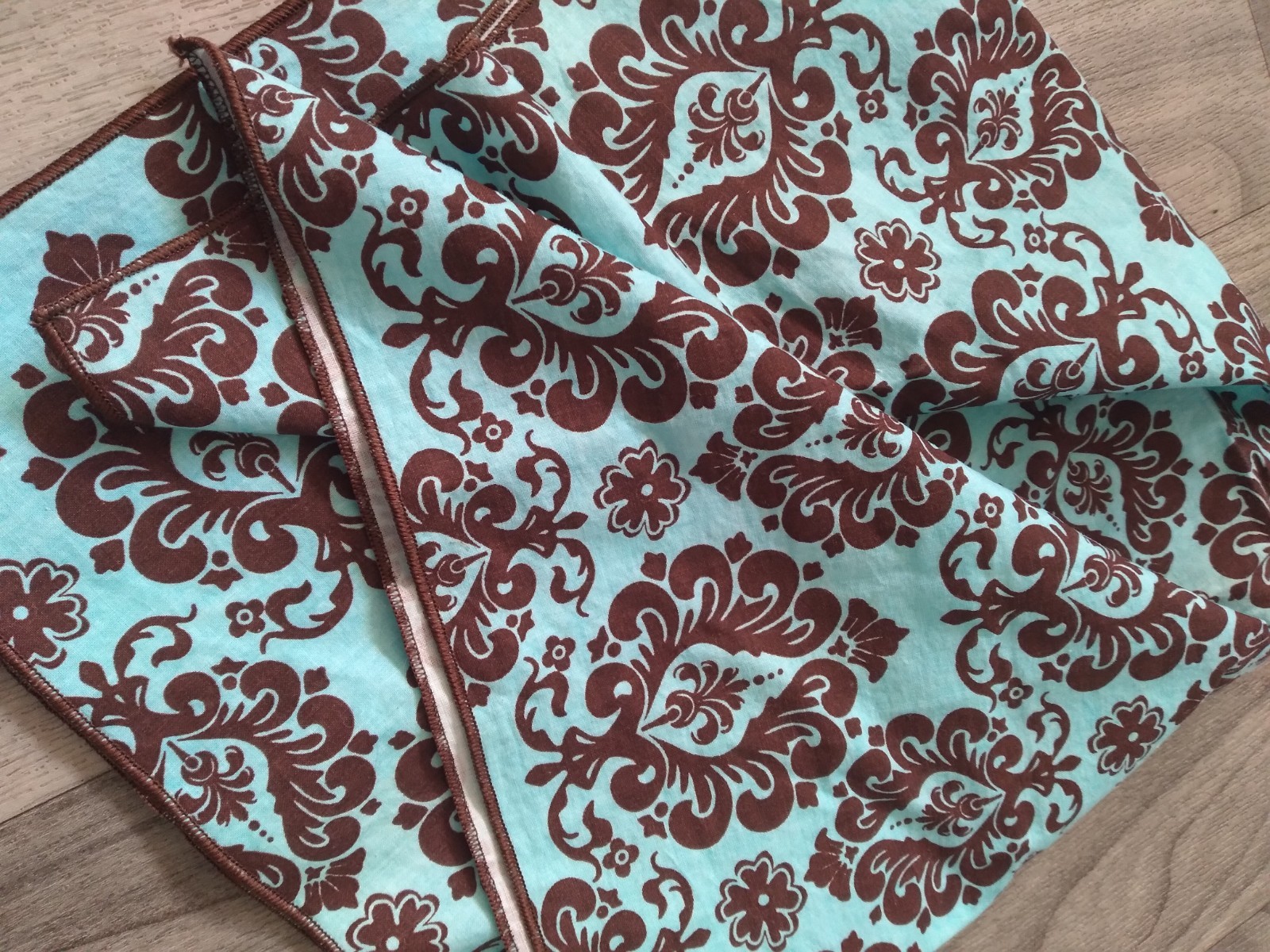 Brown Teal Square Scarf 21 x 21 Damask Style Print Cotton