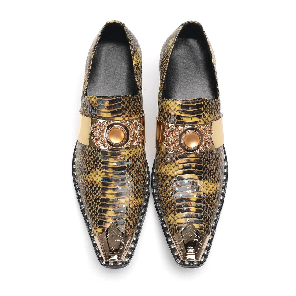 Mens Pointed Toe Real Leather Pull on Cuban Heel Snakeskin Print Nightclub Shoes - Image 4 of 4