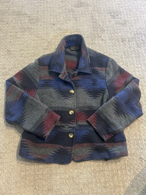 Vintage Aztec Jacket Womens Medium Blue Southwest David Paul Sports Coat Native
