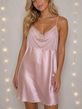 Vintage Delicates Y2K Pink Satin Chemise Slip Dress Cowl Neck Lace Coquette XL