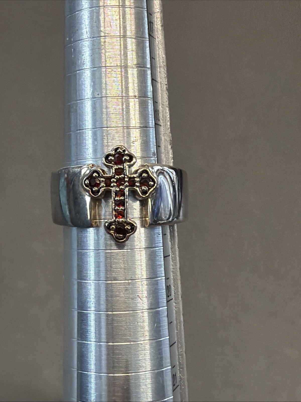 FH Signed Sterling Silver Ruby Stone Cross Ring T… - image 1