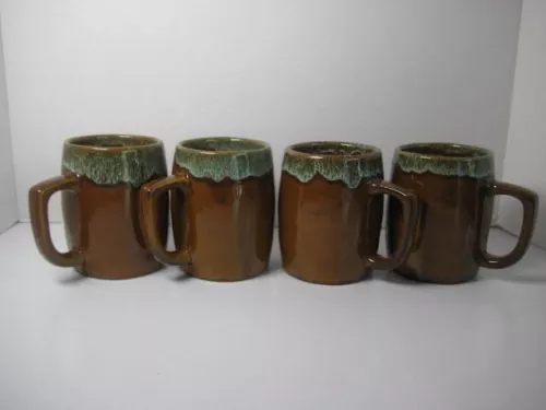 Van Briggle Pottery Mug Brown to Aqua Drip Glaze Set of 4 READ