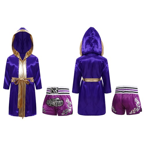 Kids Boys Robe+Shorts Side Split Costume Stage Performance Boxing Outfit Soft - Picture 23 of 87